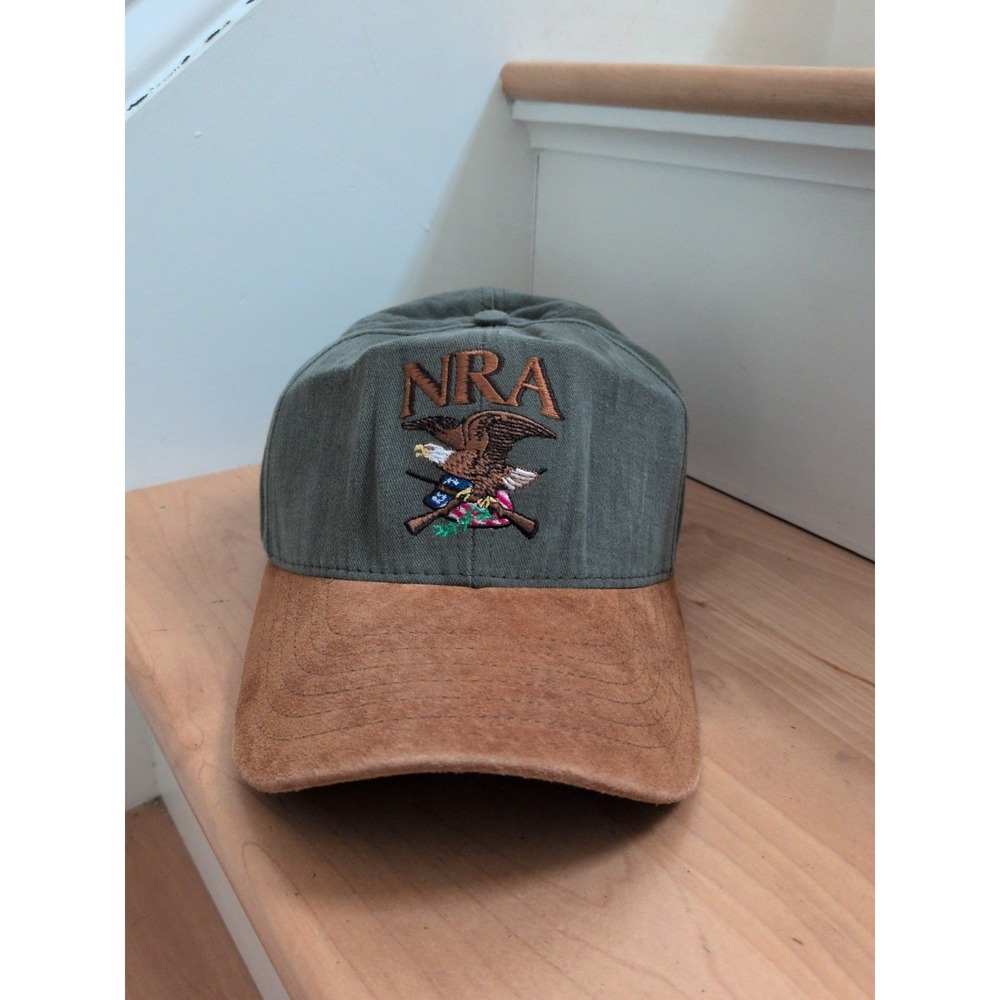 NRA Olive Green Embroidered Leather Strap Back & Brown Suede Bill Baseball Cap